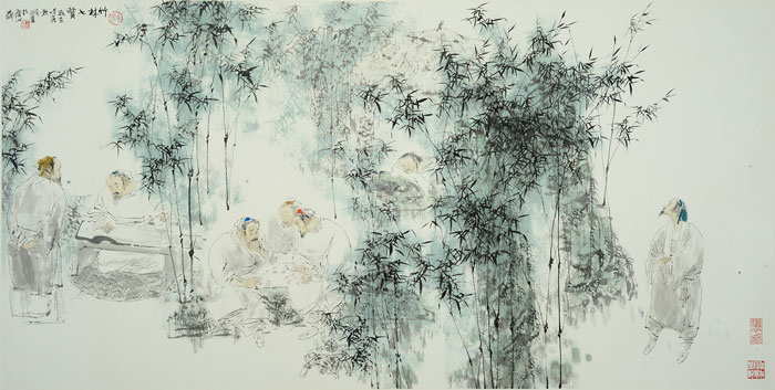 王明明-《竹林七贤》68cm×137cm-1998年纸本设色