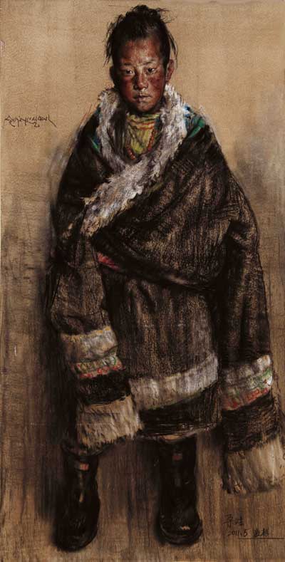 李晓林作品--少年多吉（色粉）110x75cm--2011年